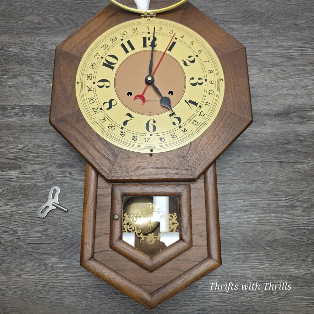 Hamilton Vintage 31-Day Drop Dial Striking Wall Clock Walnut Color W/Key And Tag